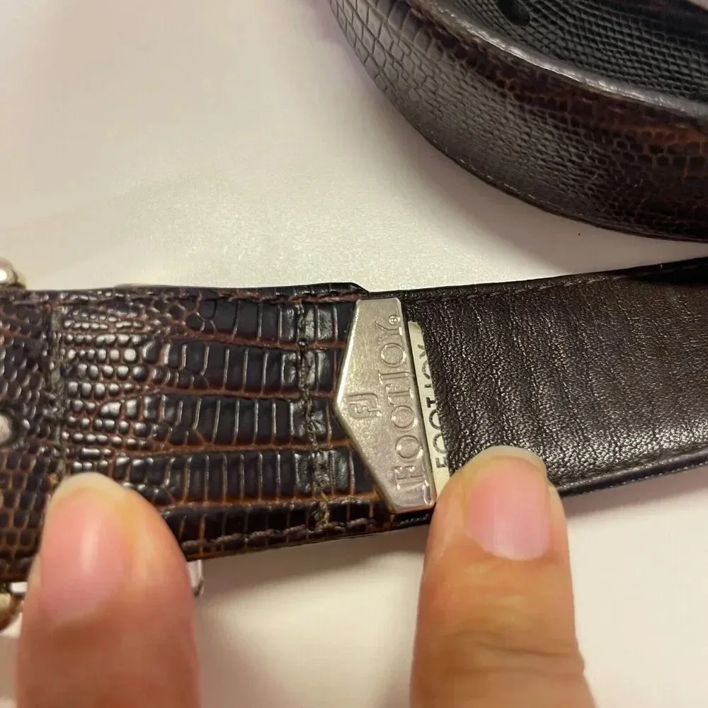 FootJoy Brown Leather Golf Belt‎ Silver Buckle Embossed Croc Pattern Adjustable